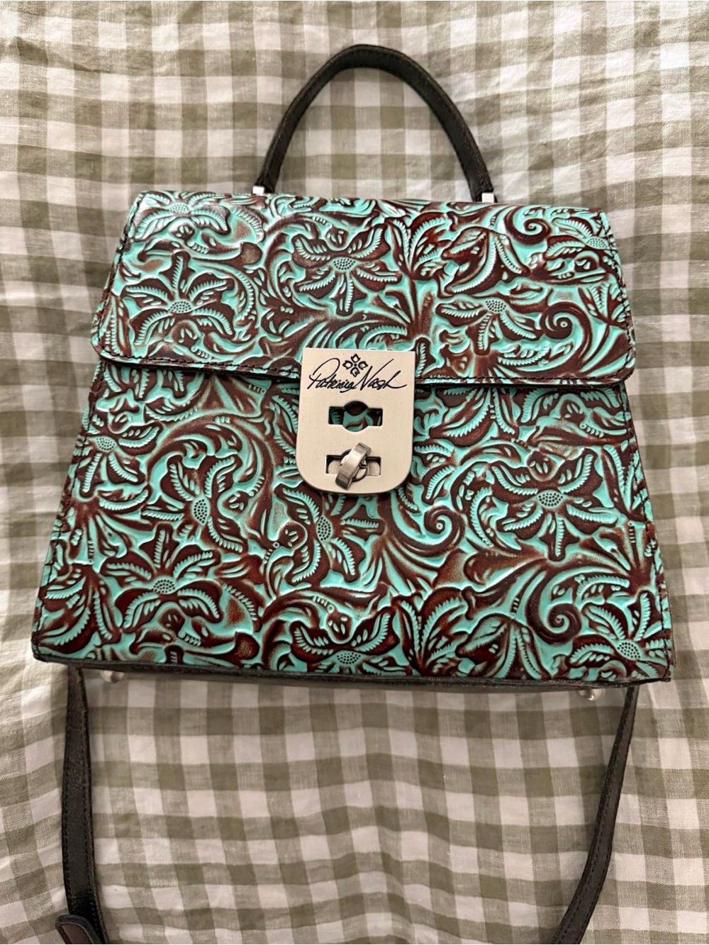 Patricia Nash Turquoise and Brown Tooled Leather Backpack Satchel